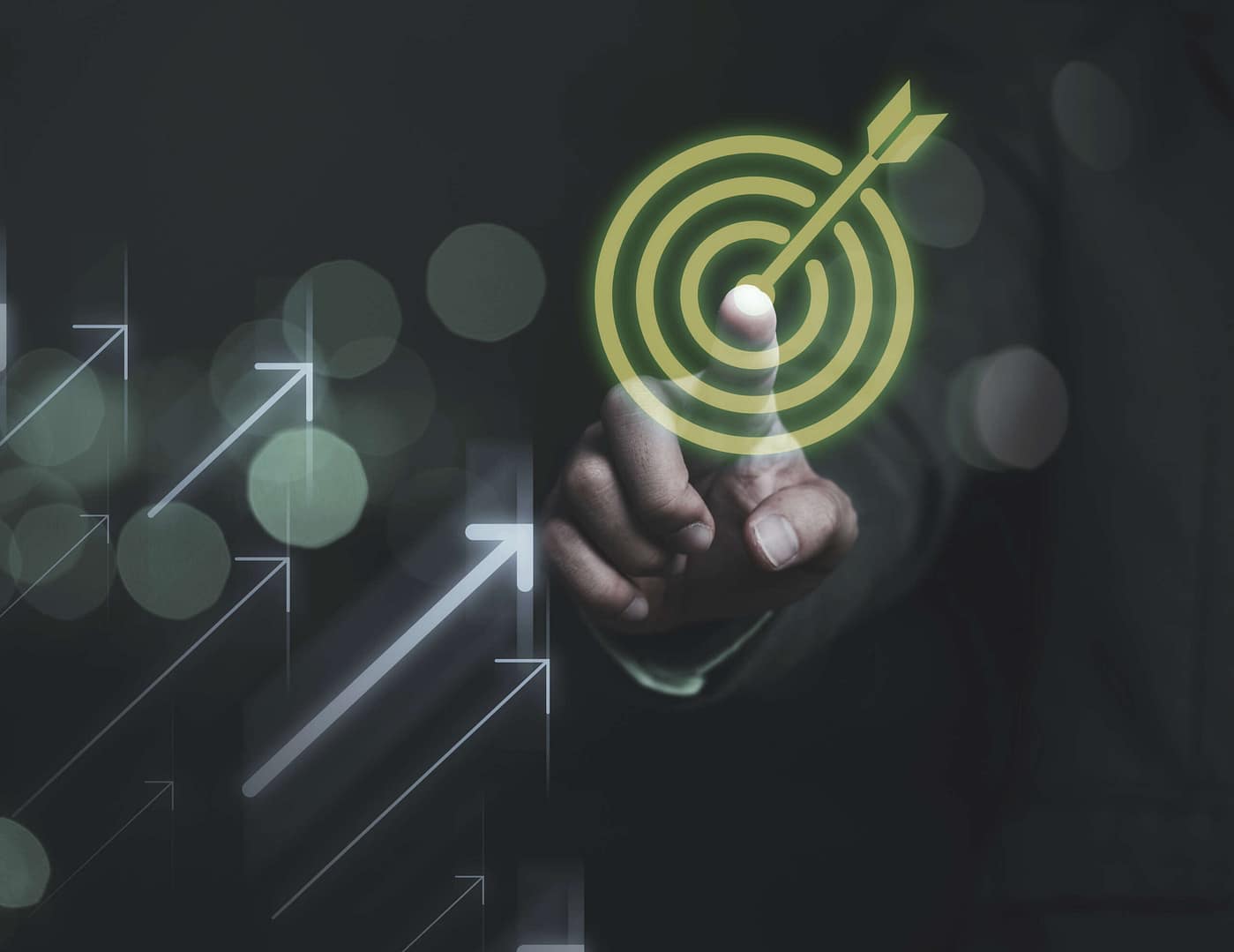 Businessman touching virtual dartboard with arrow ,Business Achievement objective target concept.